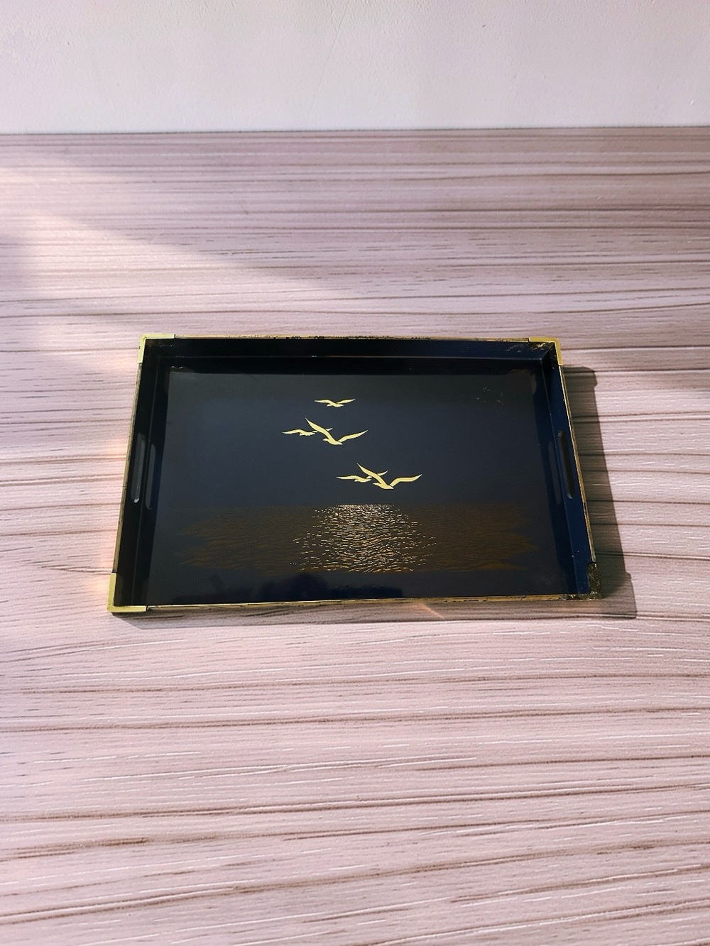 Vintage Otagiri Black and Gold Bird Motif Vanity Tray